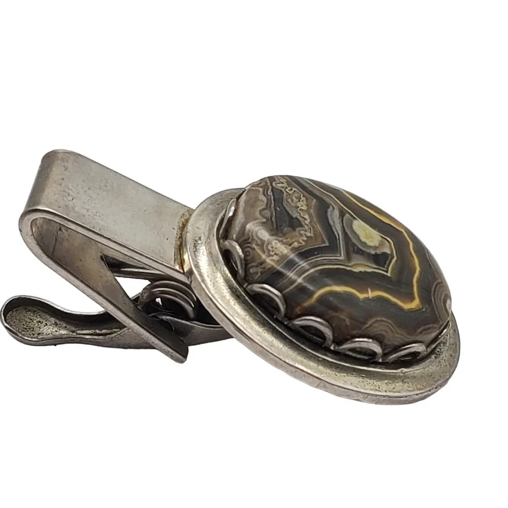 Brown Lace Agate Tie Clip Stone Bar Oval Genuine Stone Silver Tone Vintage Mens‎